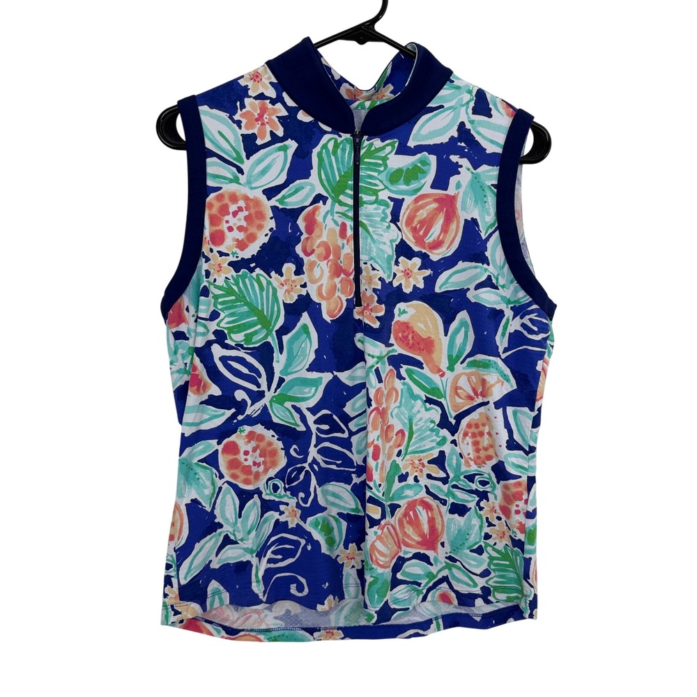 IBKÜL Top Women Large Blue Fruit Print Quarter Zip Sleeveless Mock Neck UPF 50+